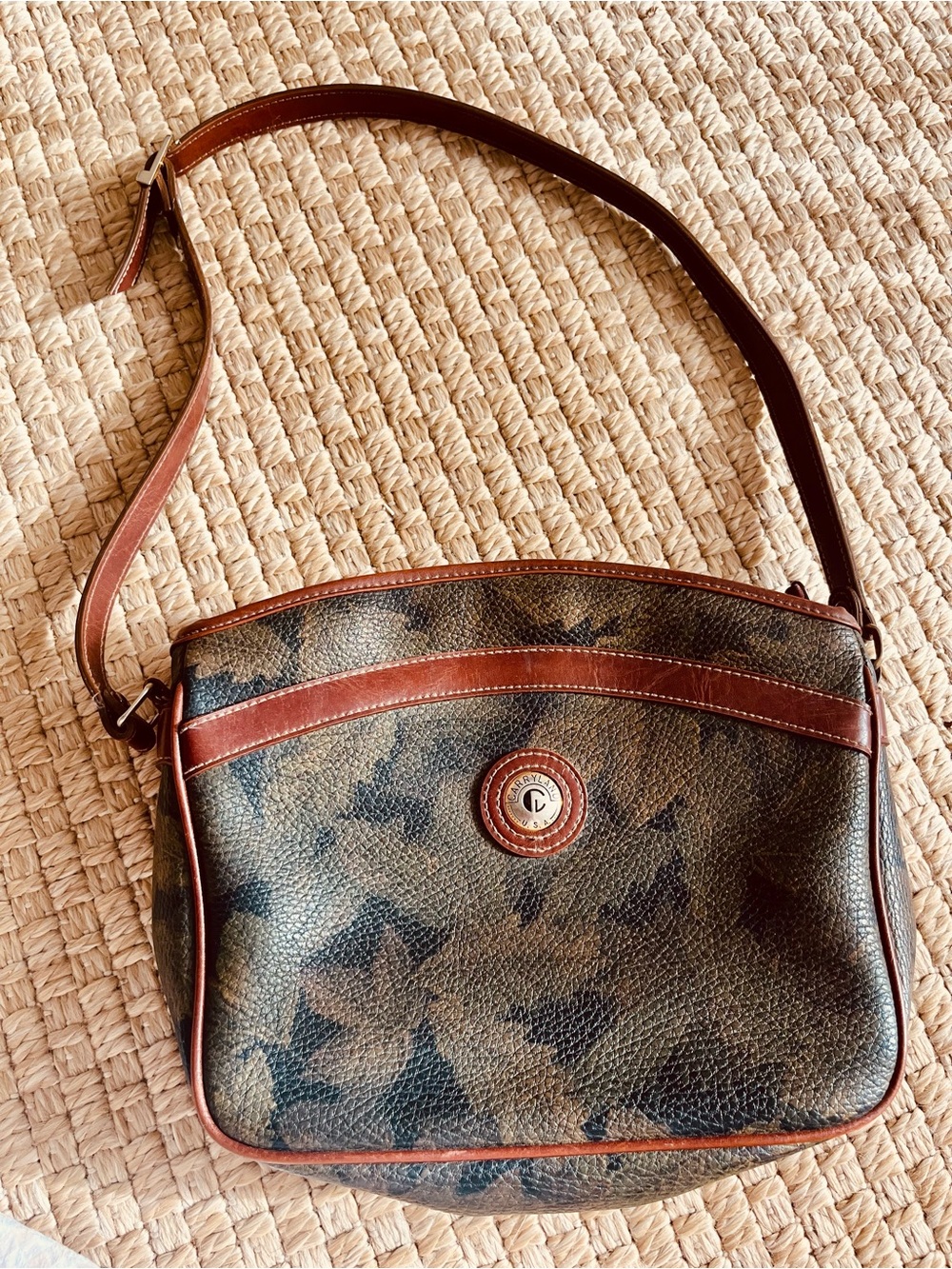 Vintage Leaf print Travel purse with Brown Leather Trim
